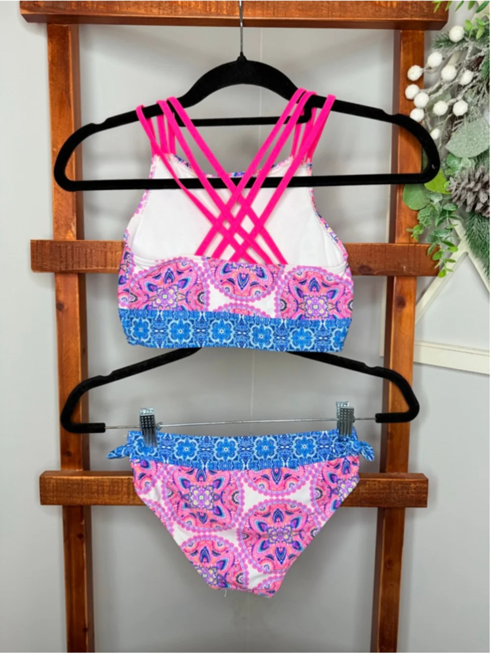 Girls Nicole Miller New York Bikini M Pink Blue Paisley